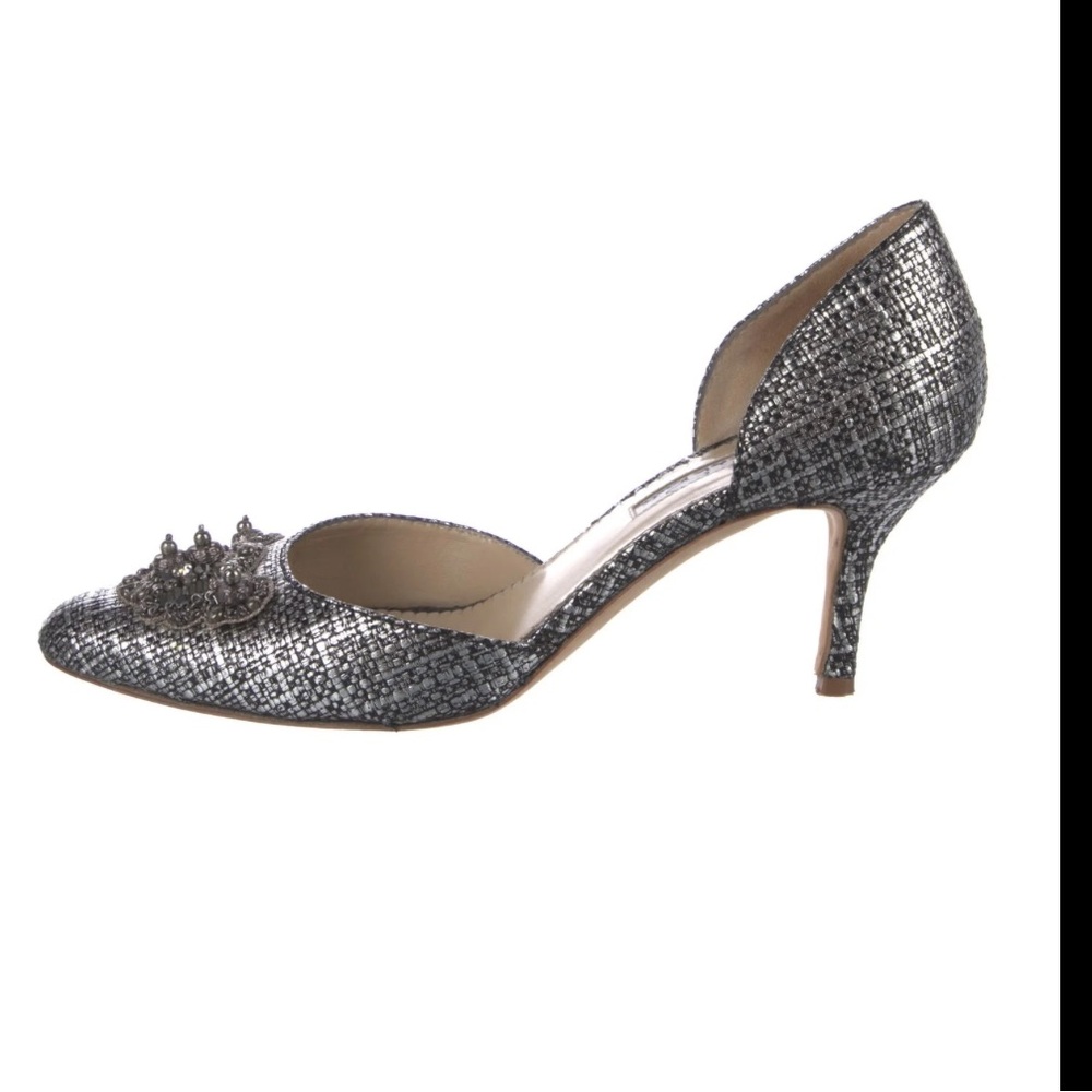 OSCAR DE LA RENTA
Silver tweed Leather Crystal Embellishments D'Orsay Pumps